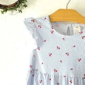 H&M Baby Girl Dress 18M Blue White Pinstripe Cherry Print Cotton
